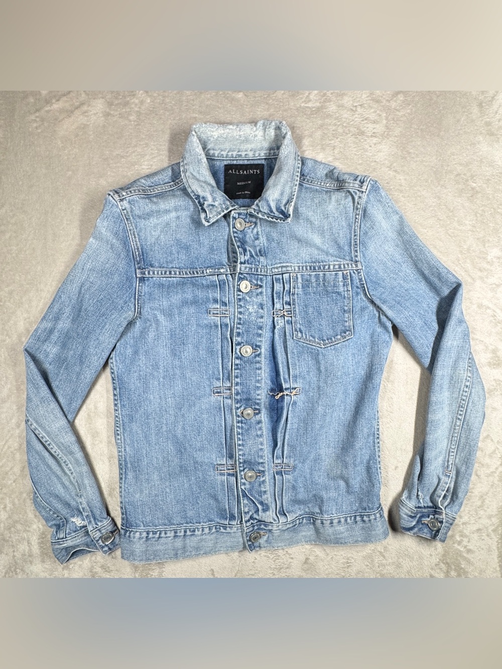 All Saints Men’s 100% Cotton Distressed Denim Blue Jean Button Jacket Size M - Picture 3 of 17